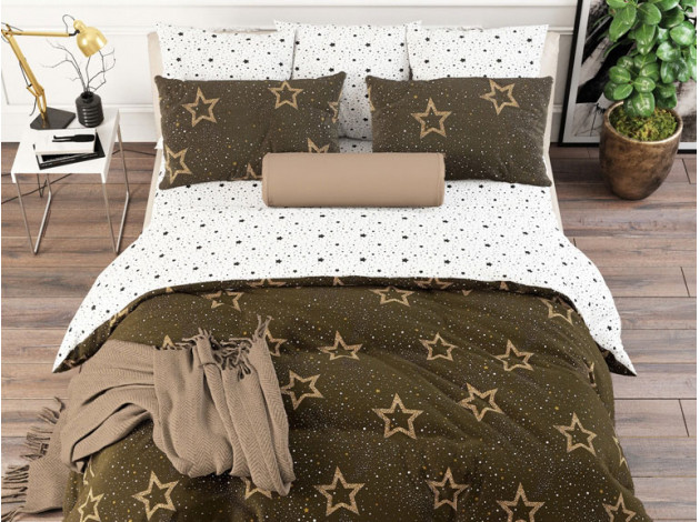 Комплект постельного белья КПБ поплин Основа Снов звёздное небо, коричневый