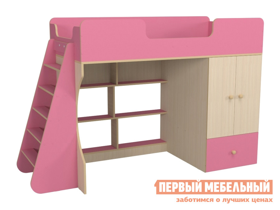 Кровать-чердак  Кровать чердак Р446 Капризун 2 со шкафом Розовый / Дуб млечный