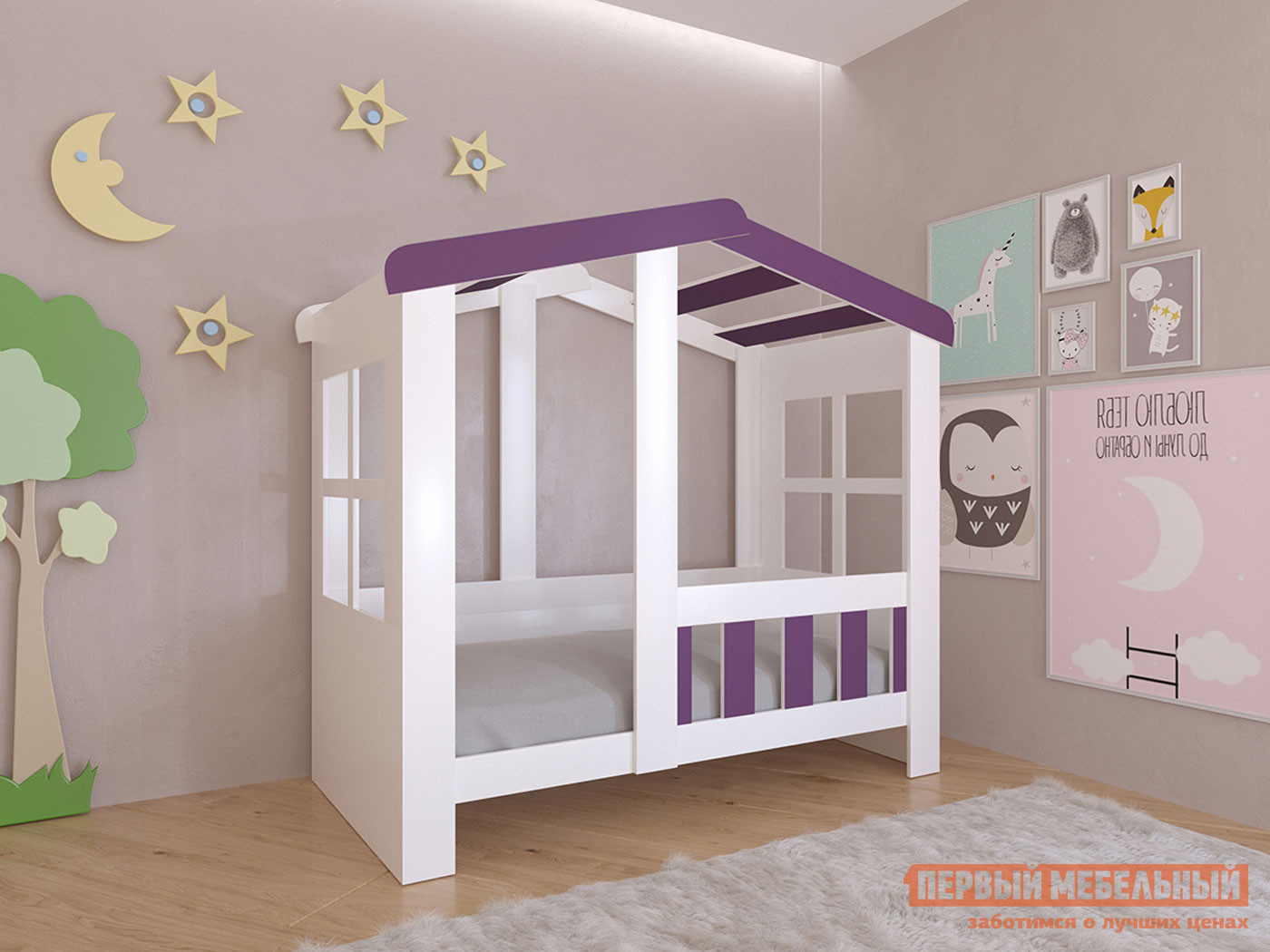 Детская кровать  Астра Домик Белый / Фиолетовый, Без ящика от Первый Мебельный