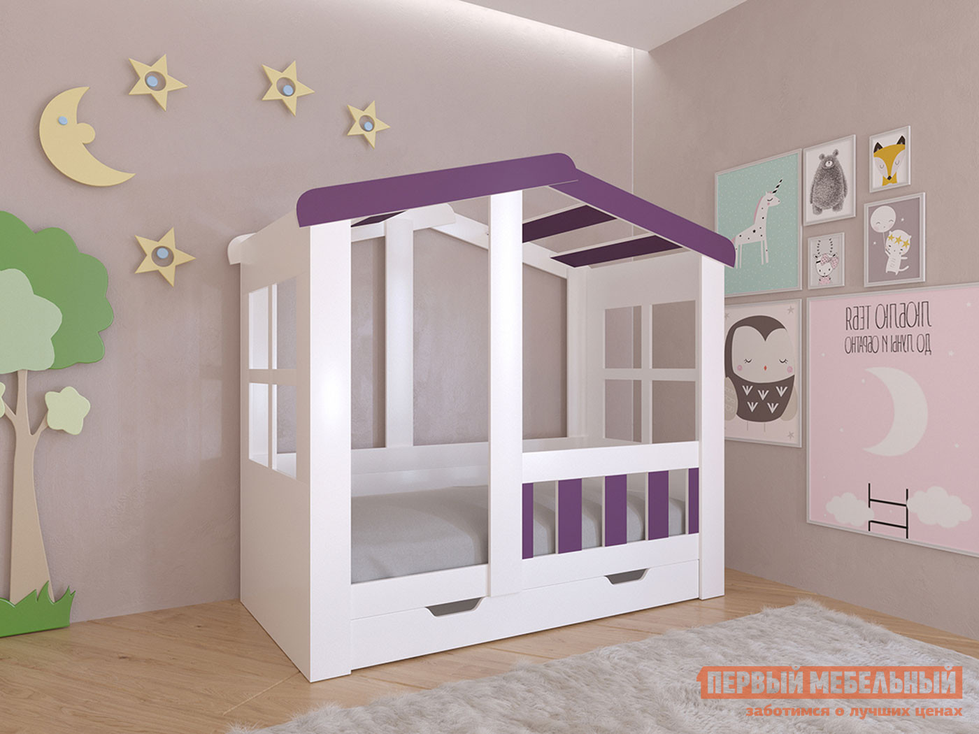 Детская кровать  Астра Домик Белый / Фиолетовый, С ящиком от Первый Мебельный