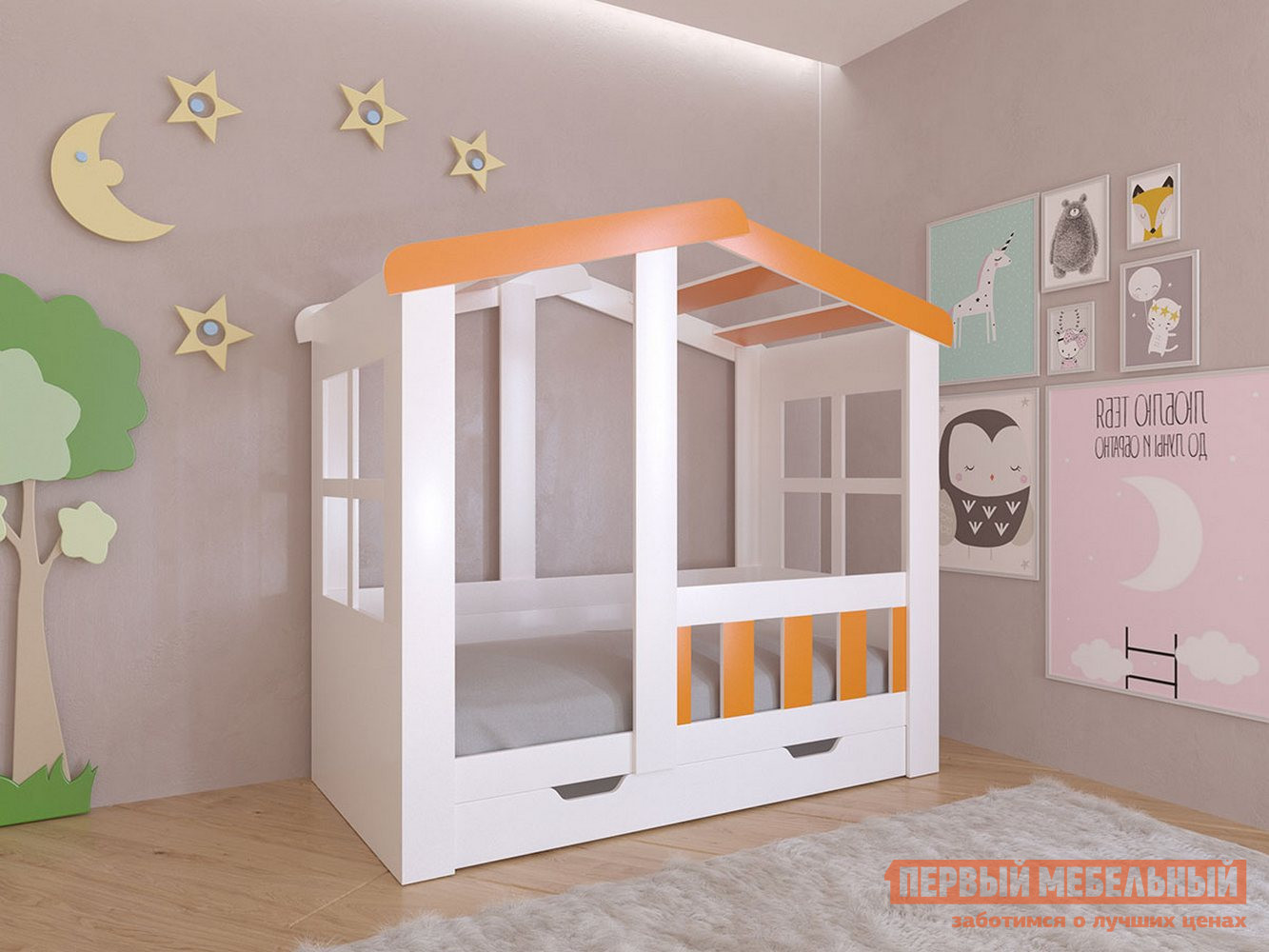 Детская кровать  Астра Домик Белый / Оранжевый, С ящиком от Первый Мебельный