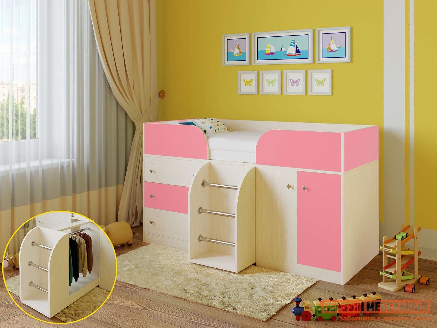 Кровать-чердак  Астра-5 Дуб Молочный, Розовый от Первый Мебельный