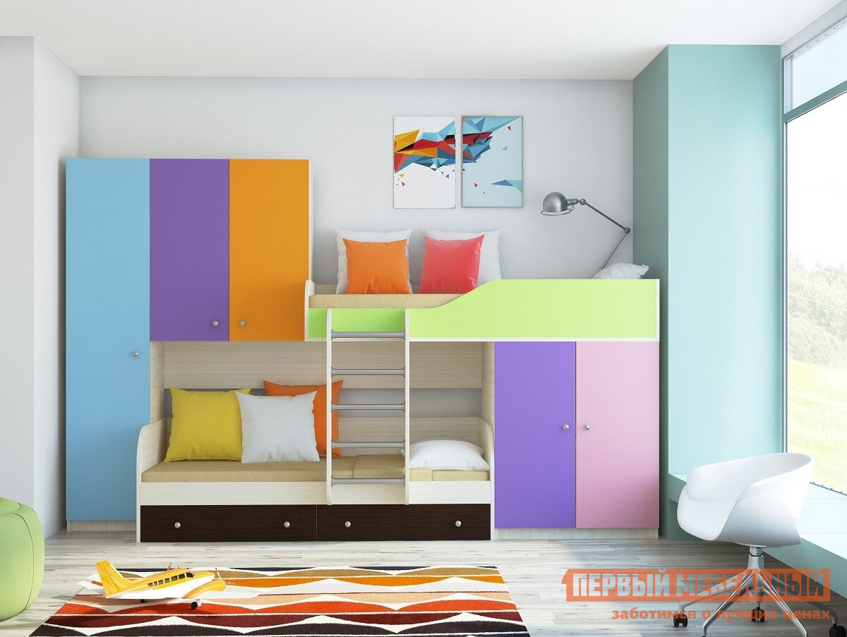 Двухъярусная кровать  Лео Дуб молочный / Разноцветный от Первый Мебельный