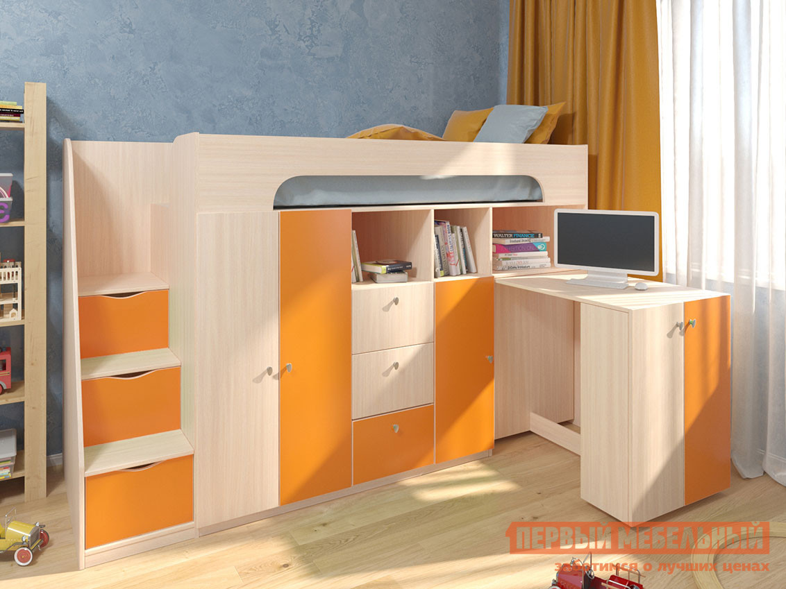 Кровать-чердак  Астра 11 Дуб Молочный / Оранжевый от Первый Мебельный