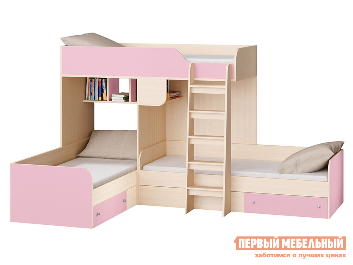 Двухъярусная кровать  TRIO-1 Дуб Молочный / Розовый от Первый Мебельный