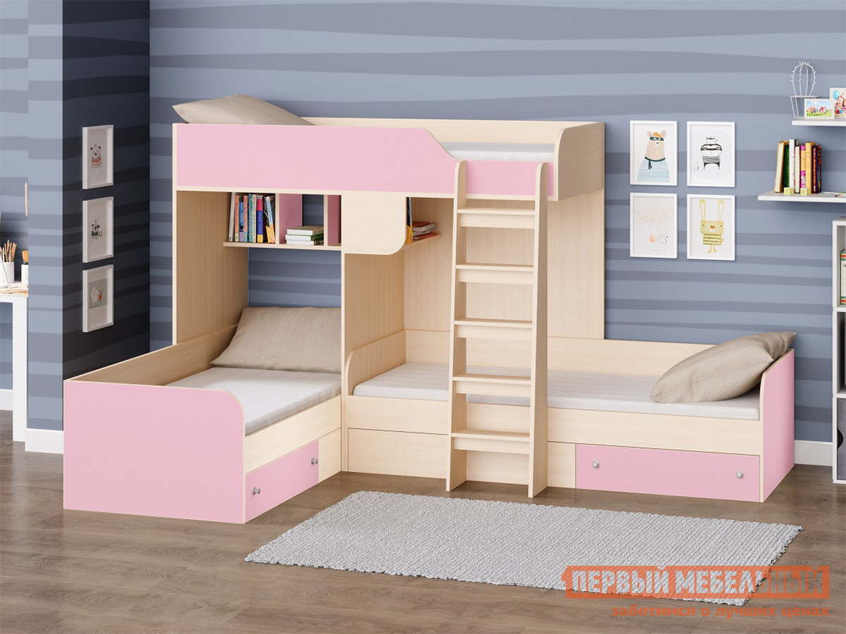 Двухъярусная кровать  TRIO-1 Дуб Молочный / Розовый от Первый Мебельный