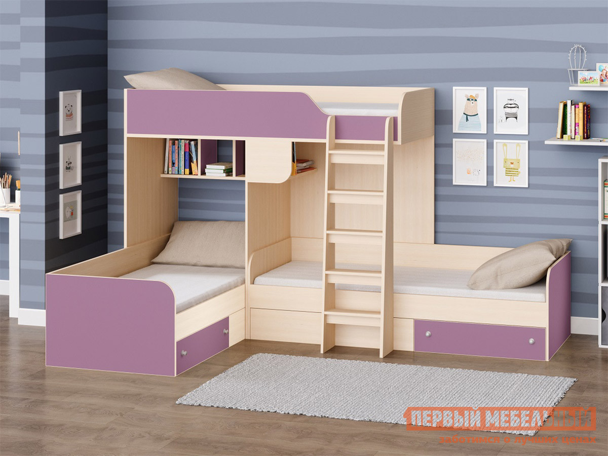 Двухъярусная кровать  TRIO-1 Дуб Молочный / Фиолетовый от Первый Мебельный