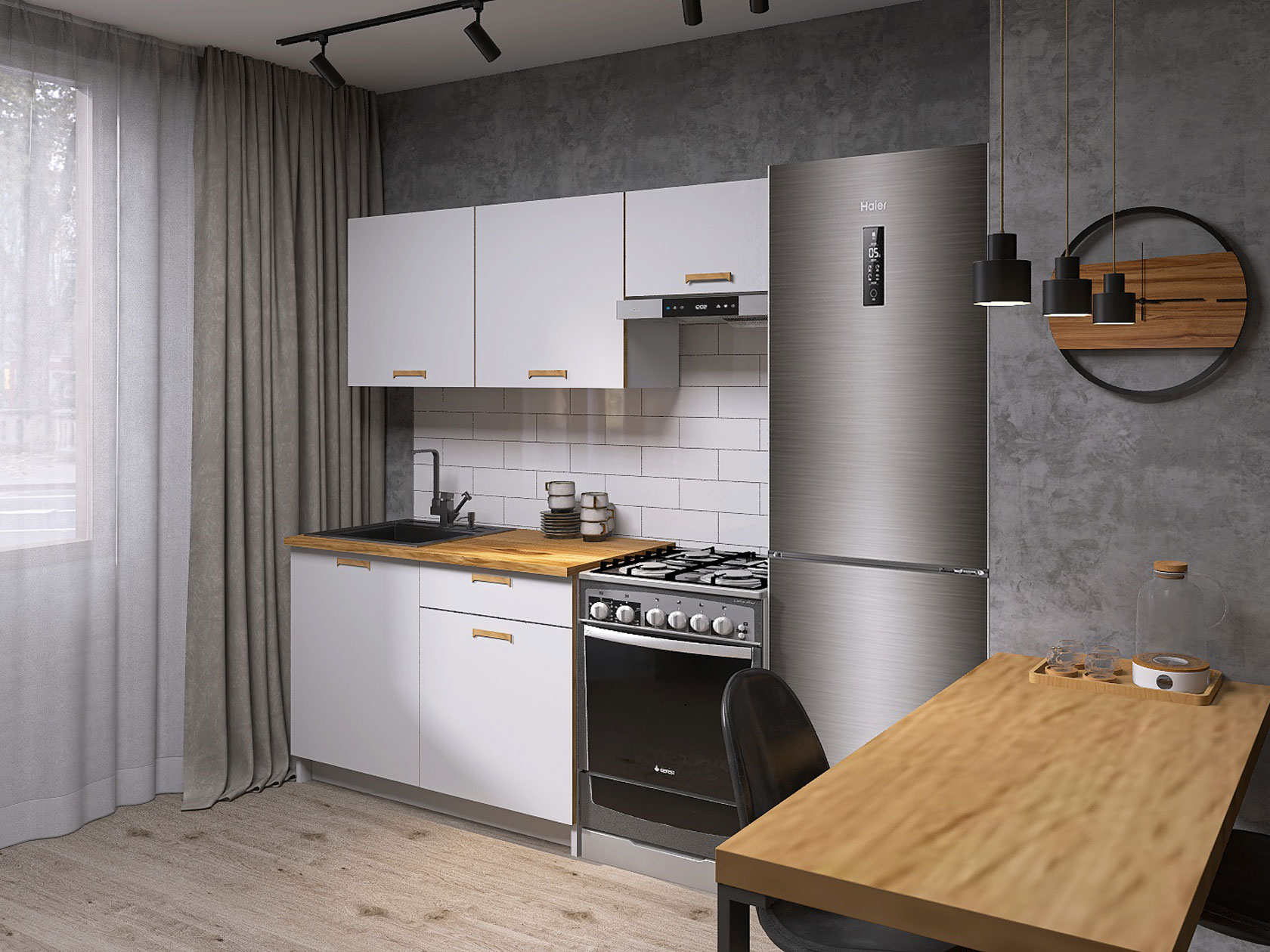Смарт кухонный гарнитур прямой со шкафом под вытяжку 180 см, серый