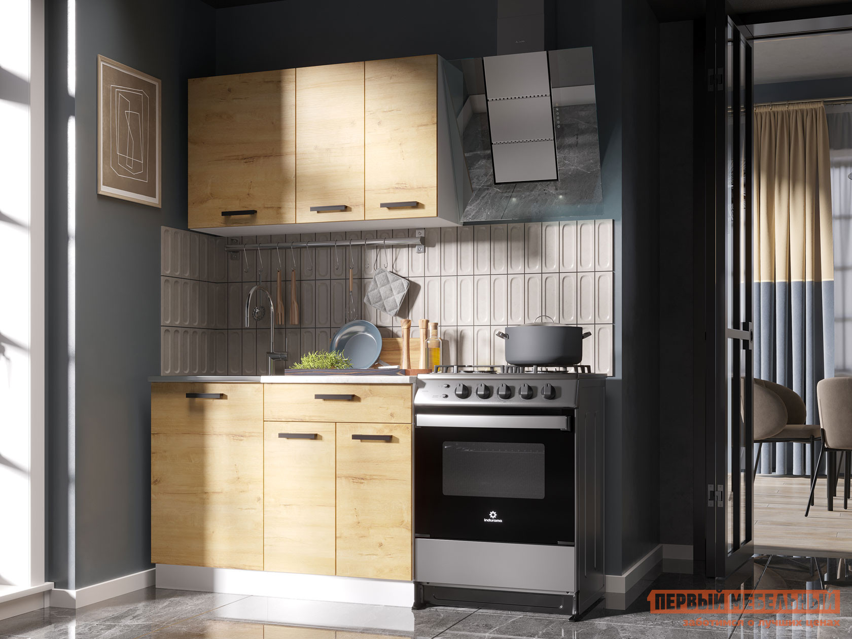 Кухонный гарнитур  Хозяюшка Мини Дуб Вотан / столешница Калаката, Без шкафа под вытяжку