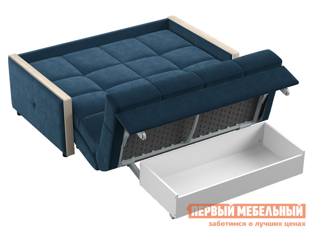 Прямой диван  Андреа Синий, велюр, 140х200 см, Независимый пружинный блок, С ящиком