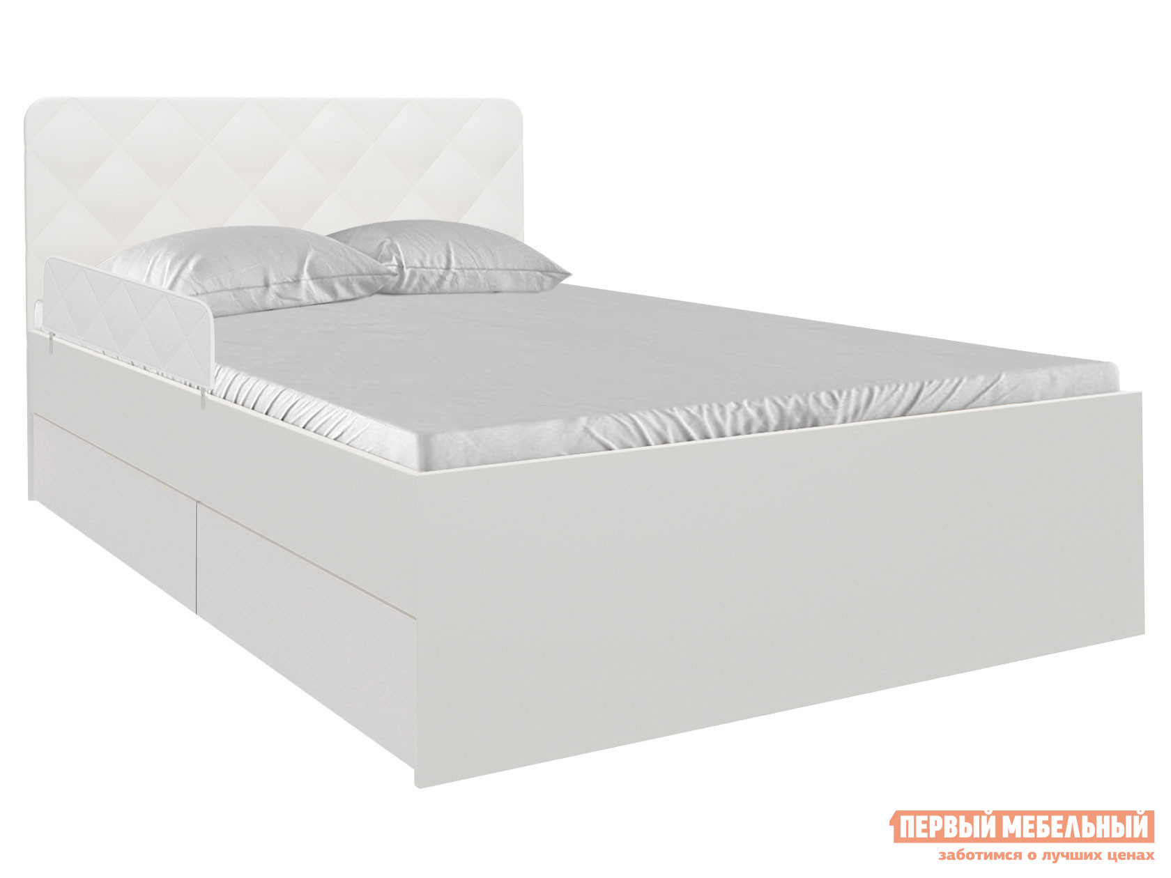 Детская кровать  Абрис С малым ограничителем и чехлом, 120х200 см, С ящиками, Белый глянец / Белый, экокожа