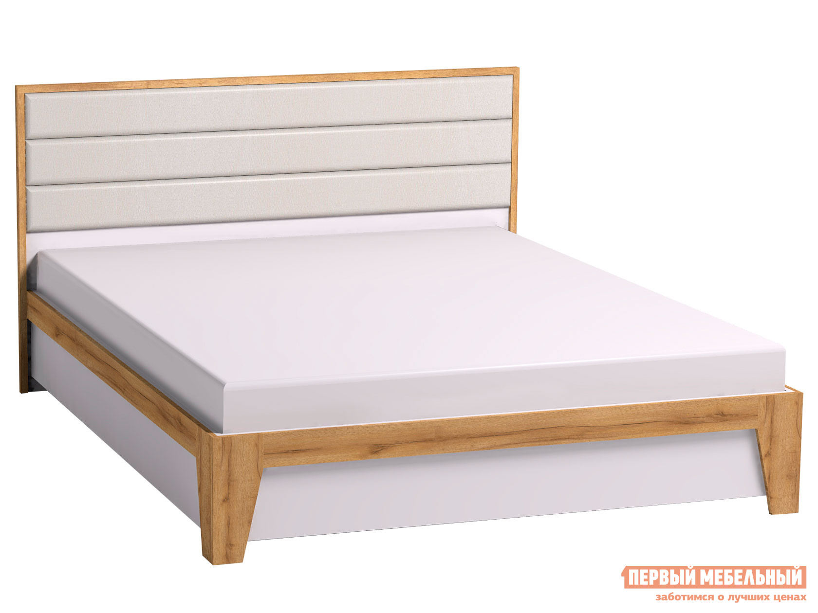 Двуспальная кровать  Айрис Белый / Дуб Золотистый / Белый, экокожа, 180х200 см, С деревянным основанием