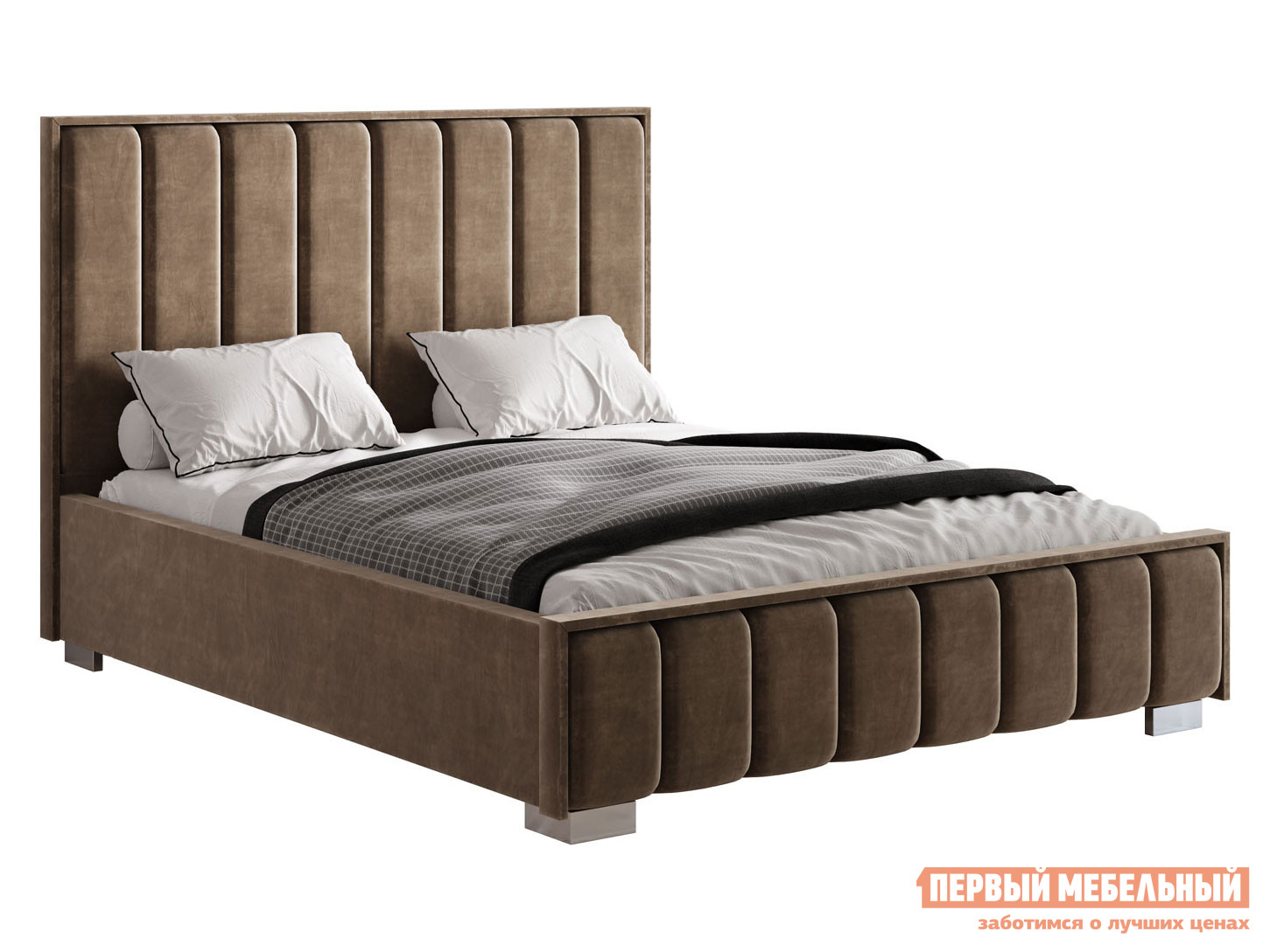 Двуспальная кровать  Мирабель ПМ Шоколад, велюр, 160х200 см, Без дна короба для белья