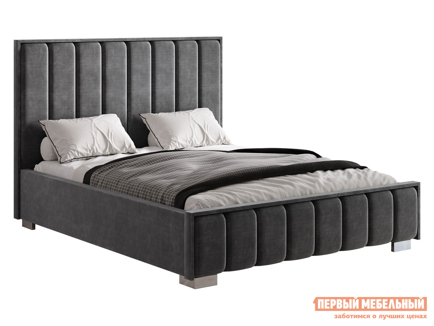 Двуспальная кровать  Мирабель ПМ Графит, велюр, 160х200 см, С дном короба для белья