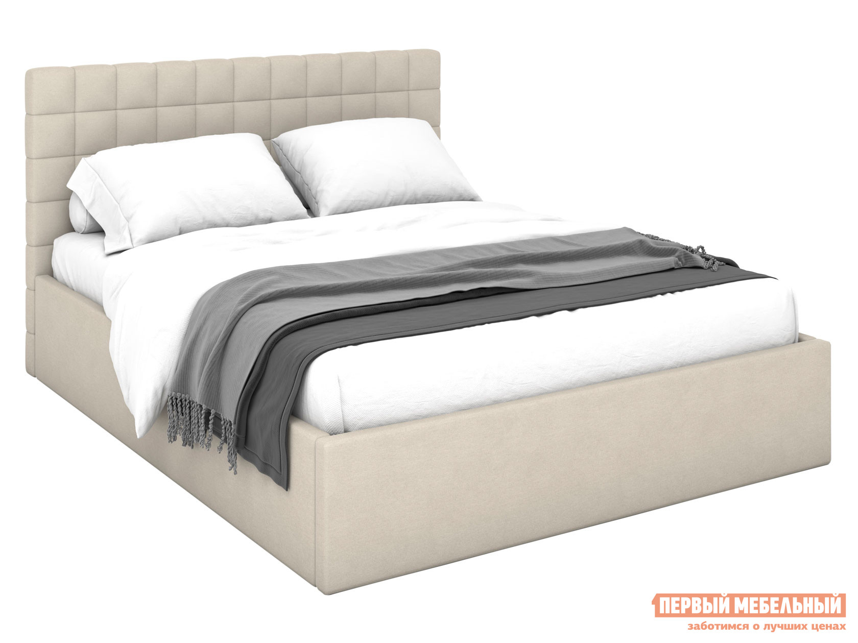 Двуспальная кровать  Дени Кремовый, микрошенилл, 160х200 см, С подъемным механизмом