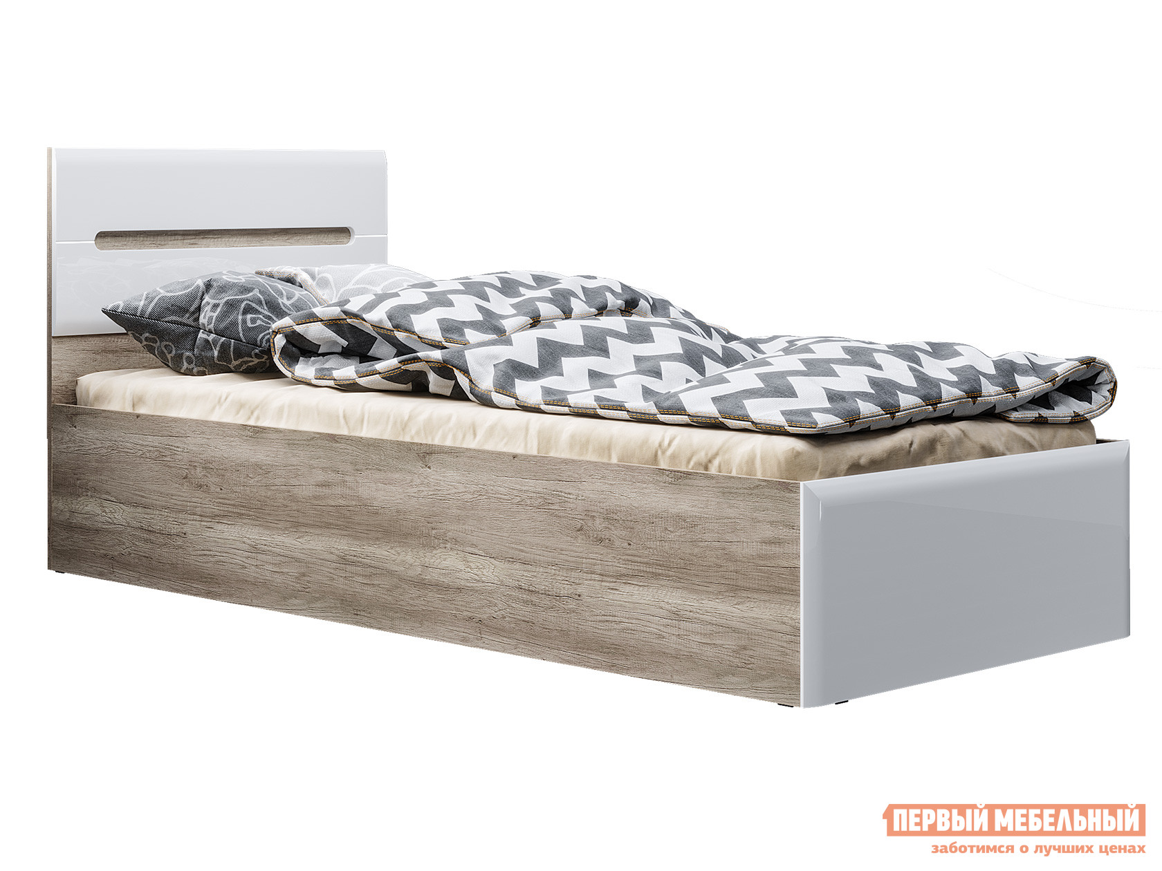 Двуспальная кровать  Наоми Лайт Дуб Каньон / Белый глянец, 90х200 см, С основанием настил, Без дна короба для белья