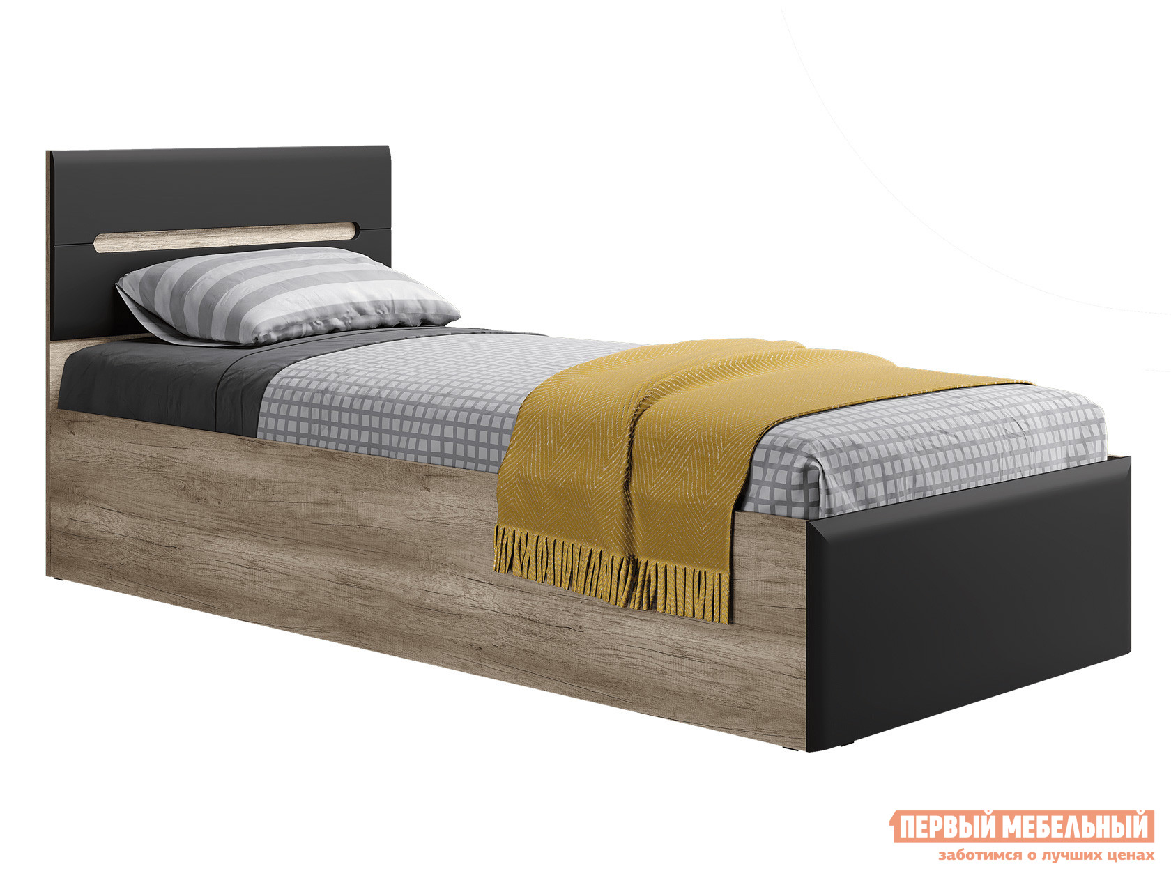Двуспальная кровать  Наоми Лайт Дуб Каньон / Графит нубук, 90х200 см, С основанием настил, Без дна короба для белья