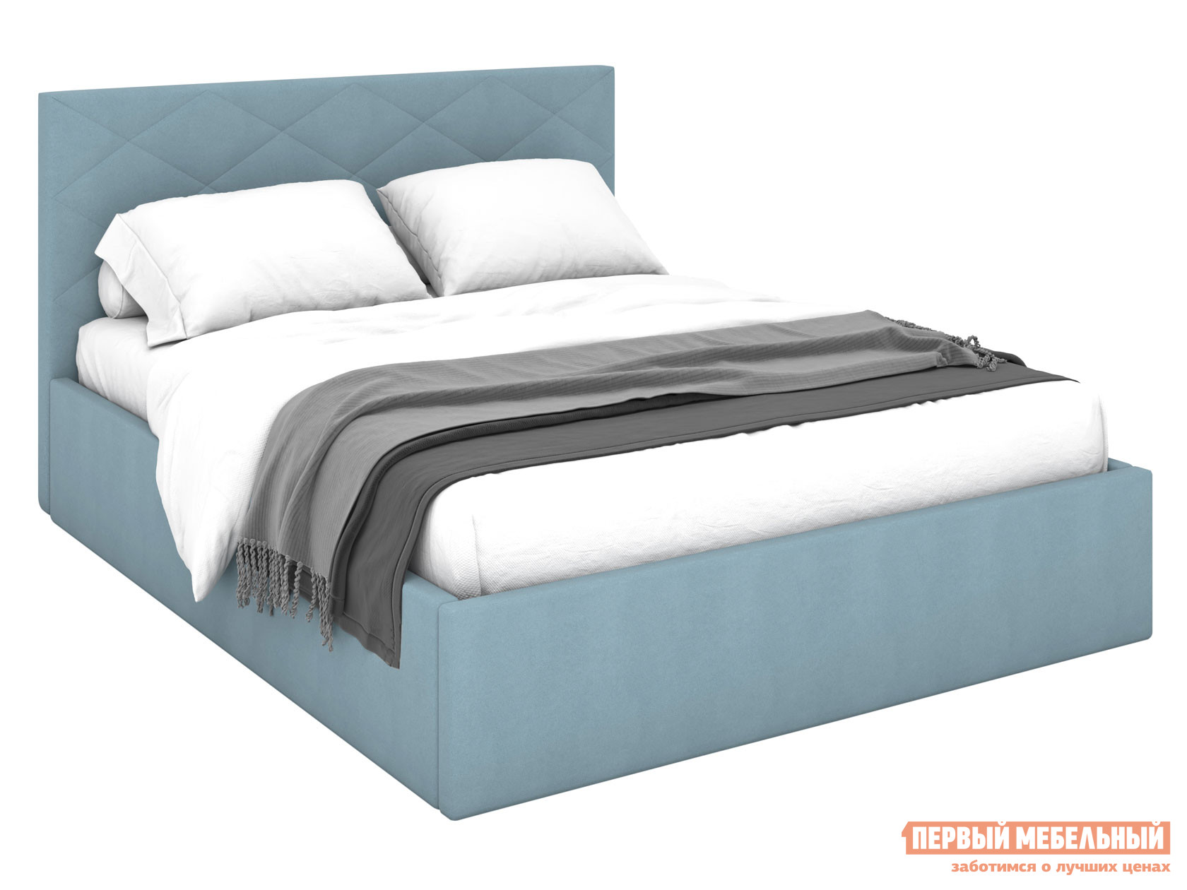 Двуспальная кровать  Амбер Серо-голубой, велюр, 160х200 см, С основанием