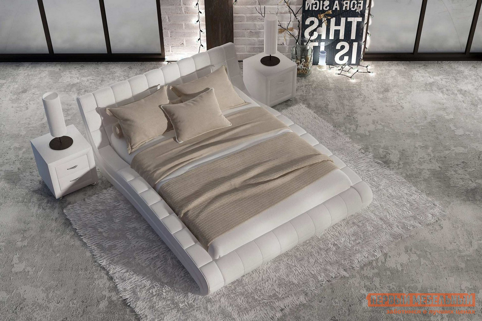 Двуспальная кровать  Кровать Милано Белый, экокожа, 1800 Х 2000 мм