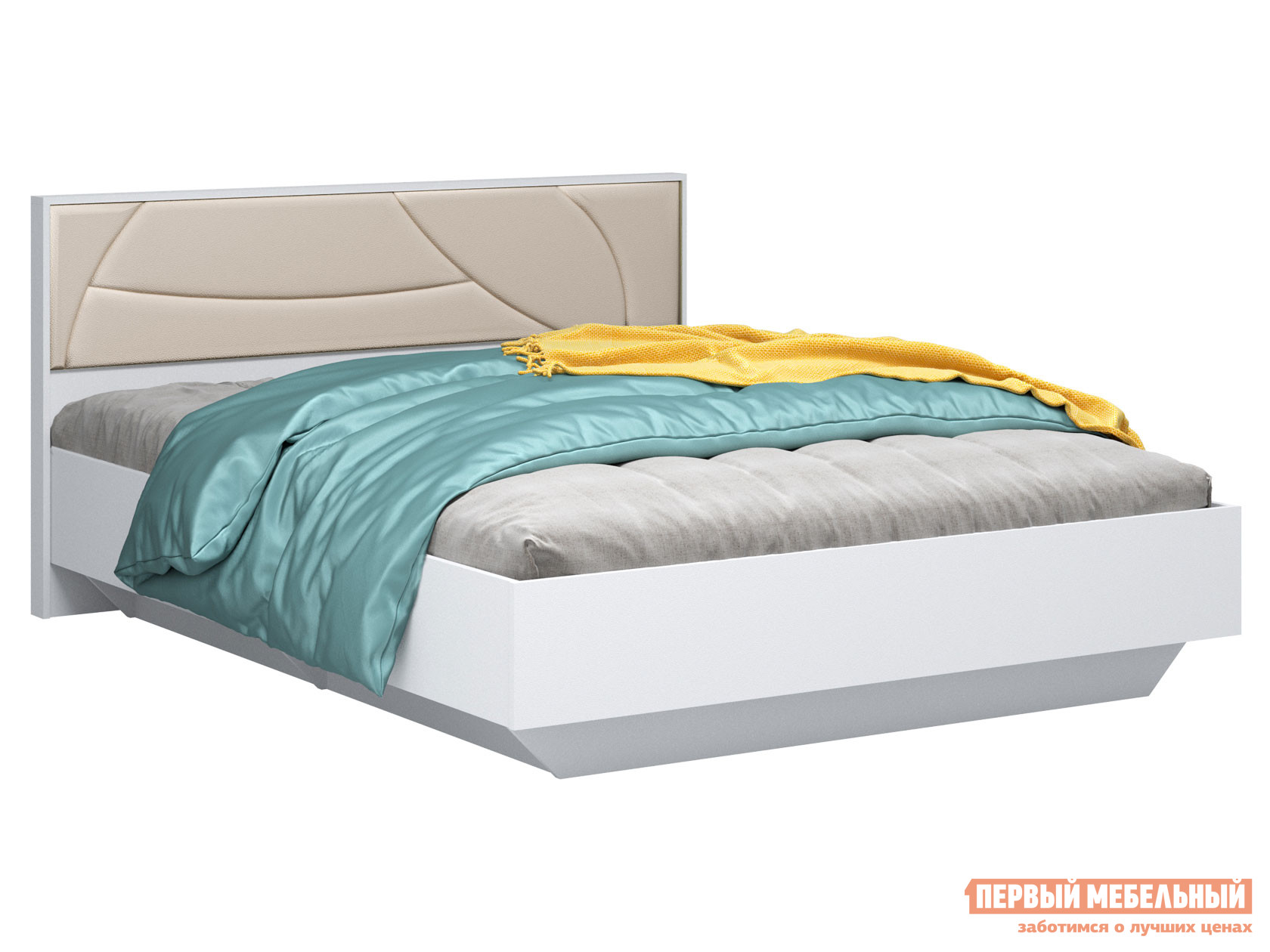 Двуспальная кровать  Мирти Люкс Белый шагрень / Ваниль, экокожа, 160х200 см, С анатомическим основанием ВВР 131751
