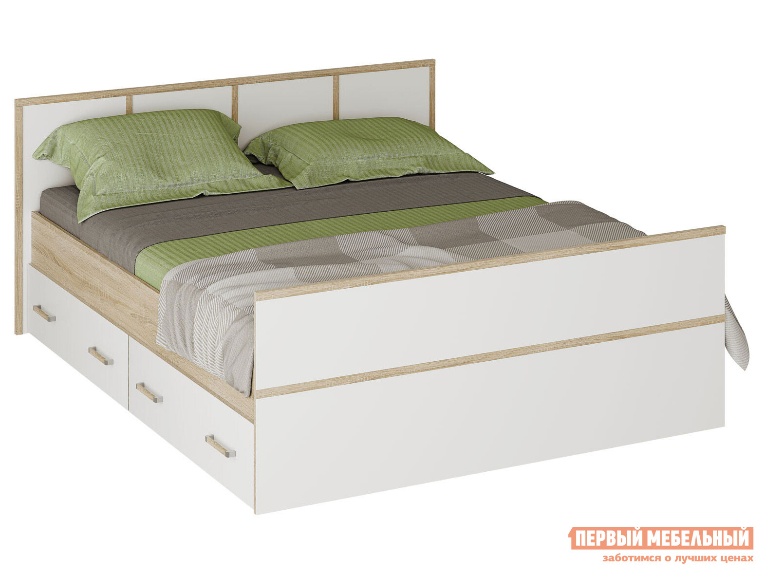 Двуспальная кровать  Сакура 160х200 см, Дуб Сонома / Белый, С реечным основанием