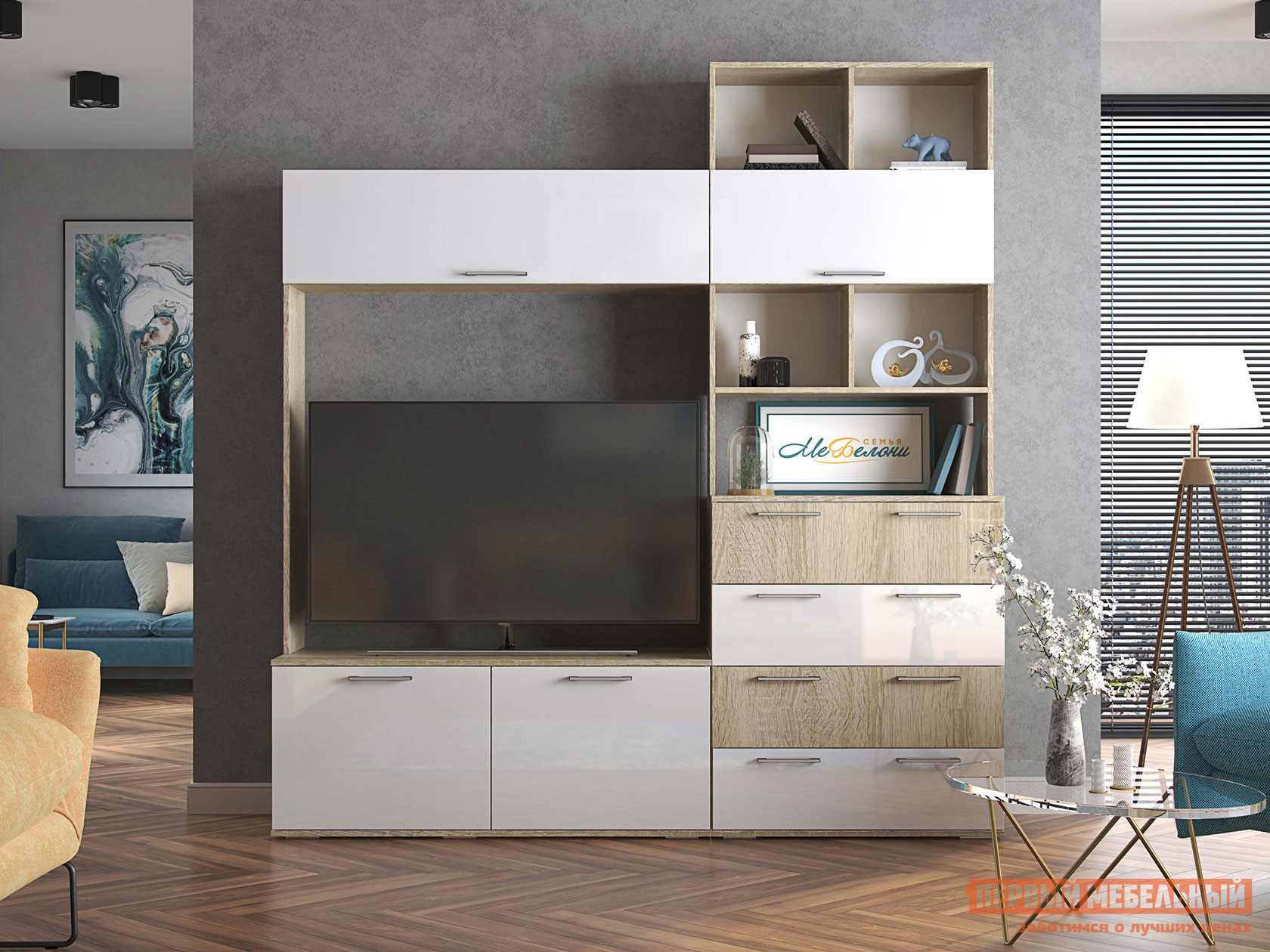 Гостиная  Белладжио Дуб Сонома / Белый Глянец