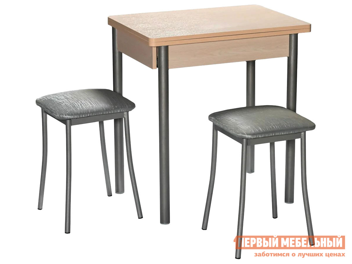 Обеденная группа для столовой и гостиной  Компакт + 2 Табурета Тони Дуб светлый / Металлик / Серый, экокожа