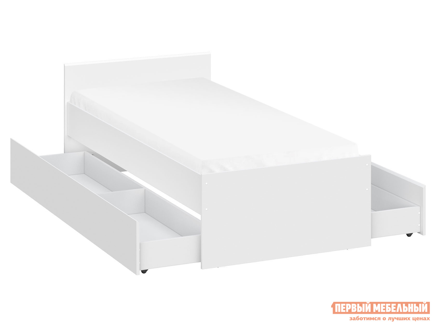 Односпальная кровать  Токио Белый текстурный, С основанием настил, С двумя выкатными ящиками