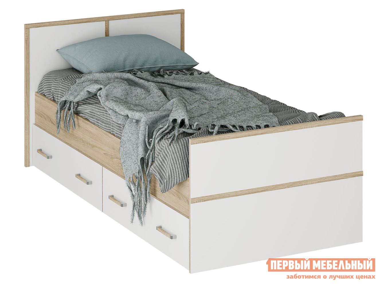 Односпальная кровать  Сакура Дуб Сонома / Белый, С реечным основанием