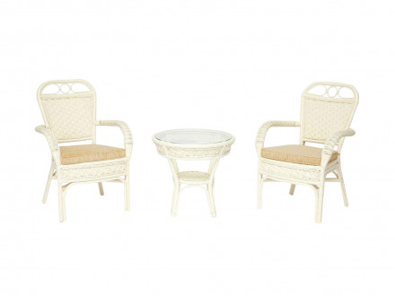 Комплект террасный ANDREA (стол кофейный со стеклом + 2 кресла + подушки) Белый, ротанг / Кремовый, ткань в отделке Белый, ротанг / Кремовый, ткань по цене 51720 руб.