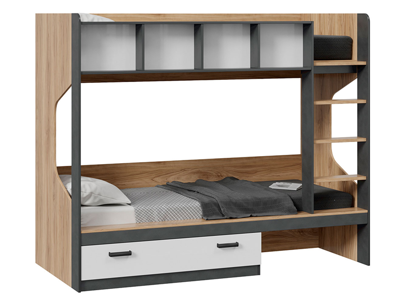 

Двухъярусная кровать ТриЯ, Серый, Двухъярусная кровать Кровать двухъярусная Рико Белый глянец / Матера / Яблоня Беллуно