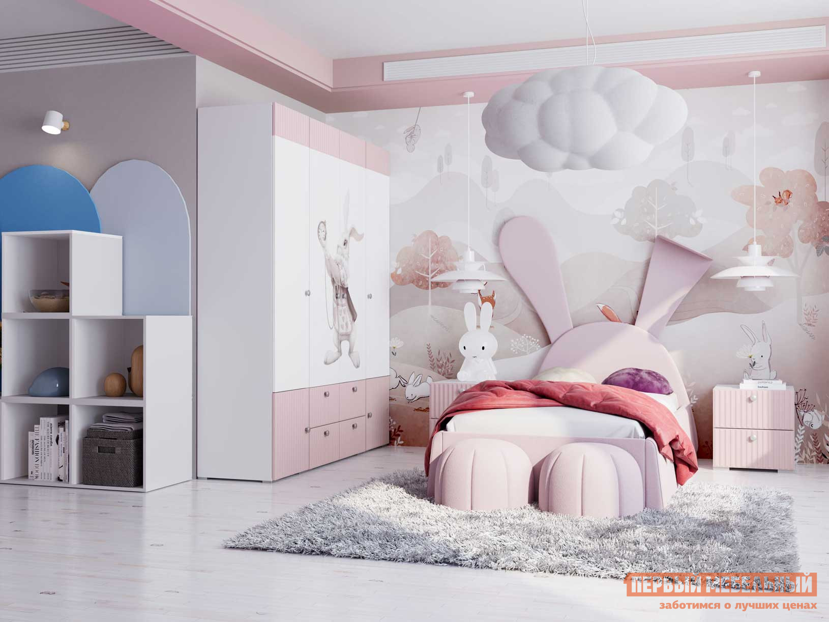 Комплект детской мебели  Алиса Белый / Розовый / Розовый, велюр