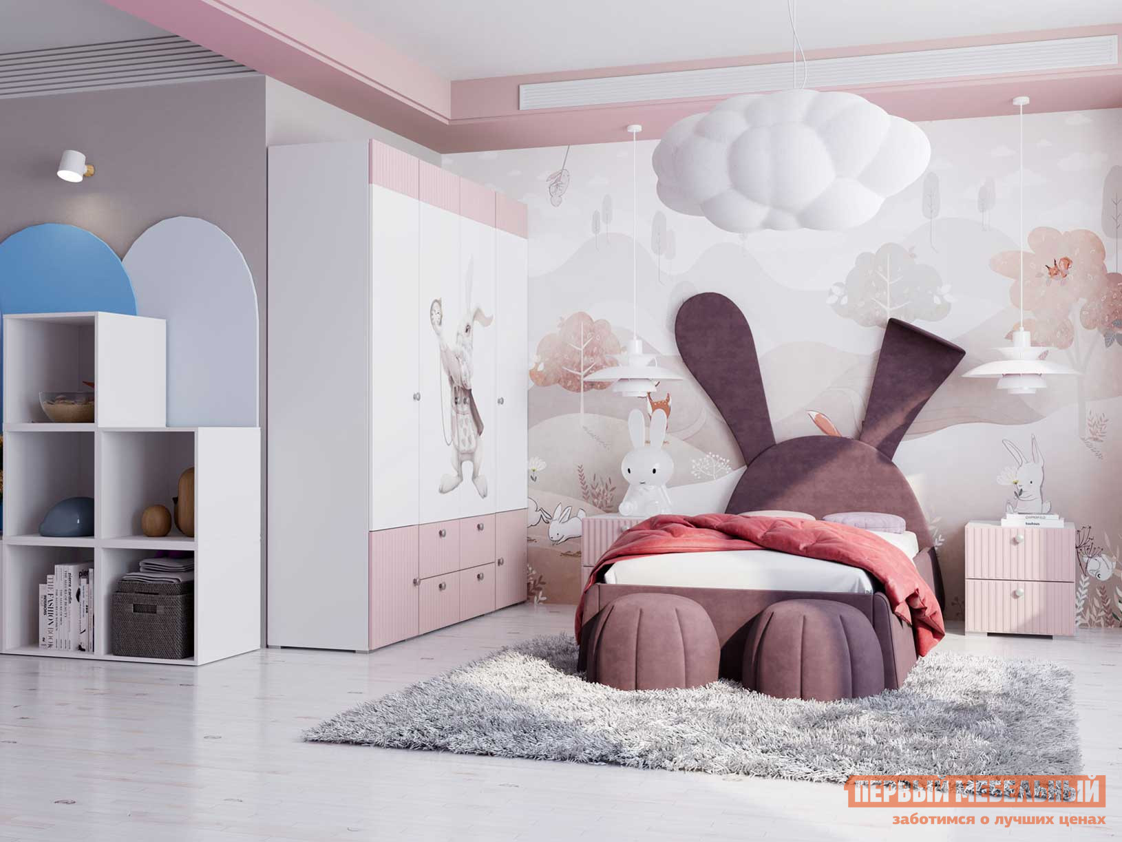 Комплект детской мебели  Алиса Белый / Розовый / Сливовый, велюр