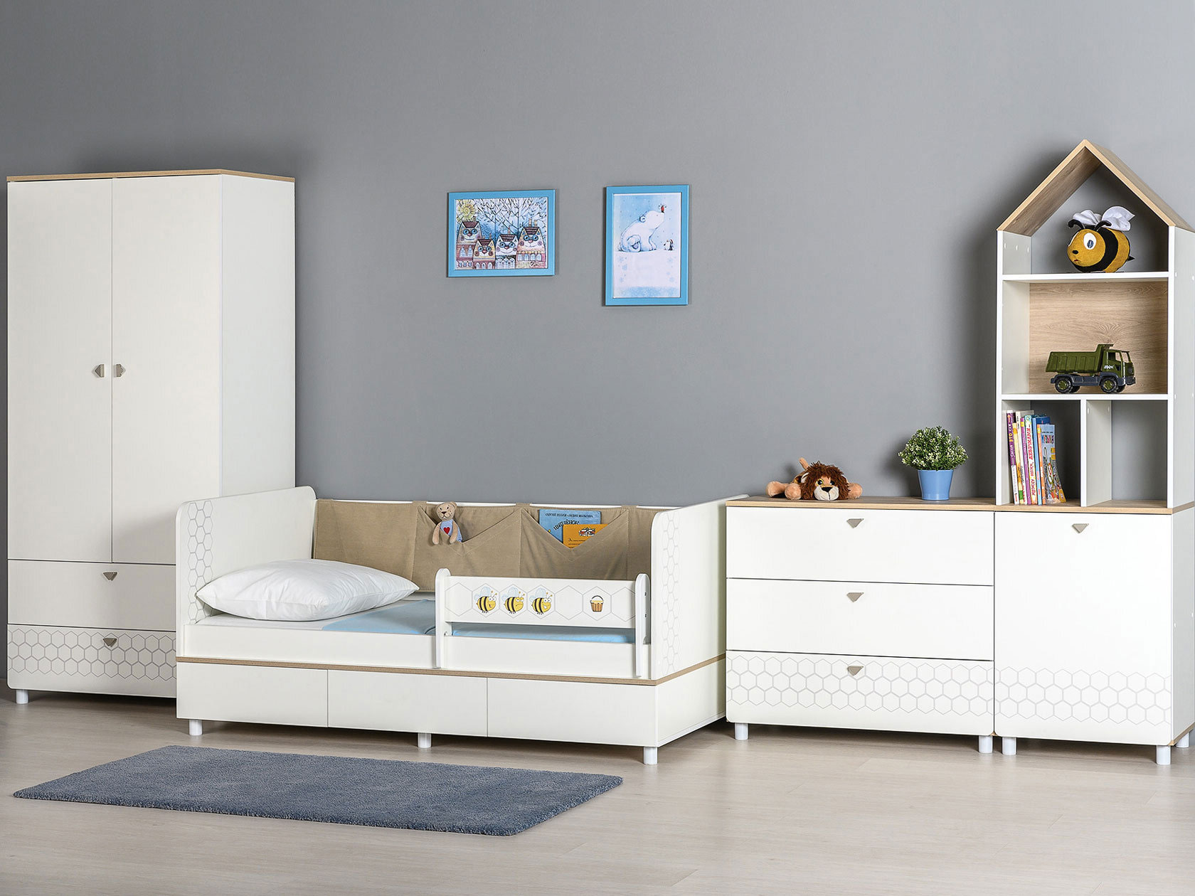 Комплект детской мебели Эйп, белый шагрень/дуб белый эксклюзив/бежевый, велюр