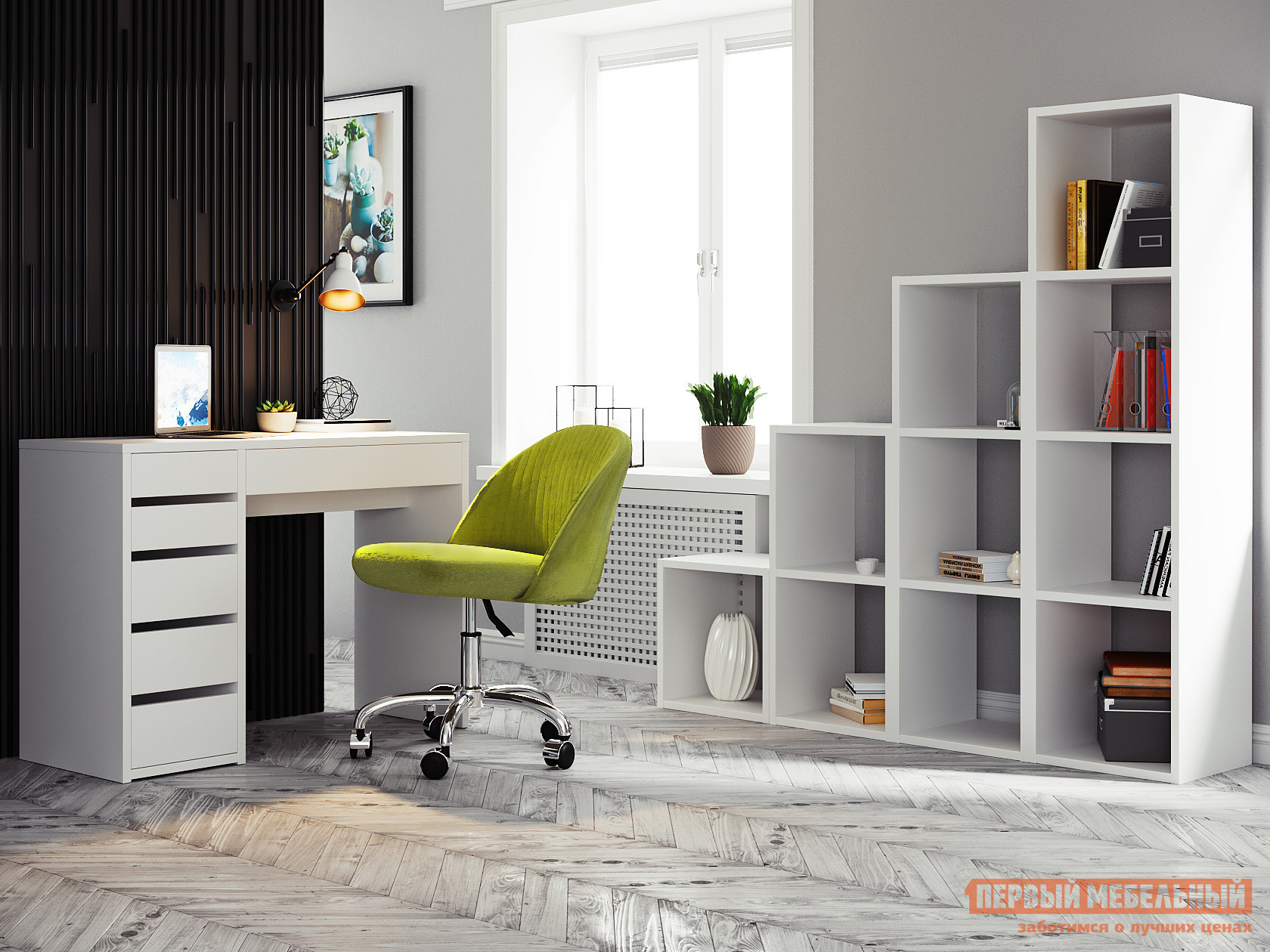 Комплект офисной мебели  Тайга 3 Левый, Оливковый, флок / Белый от Первый Мебельный