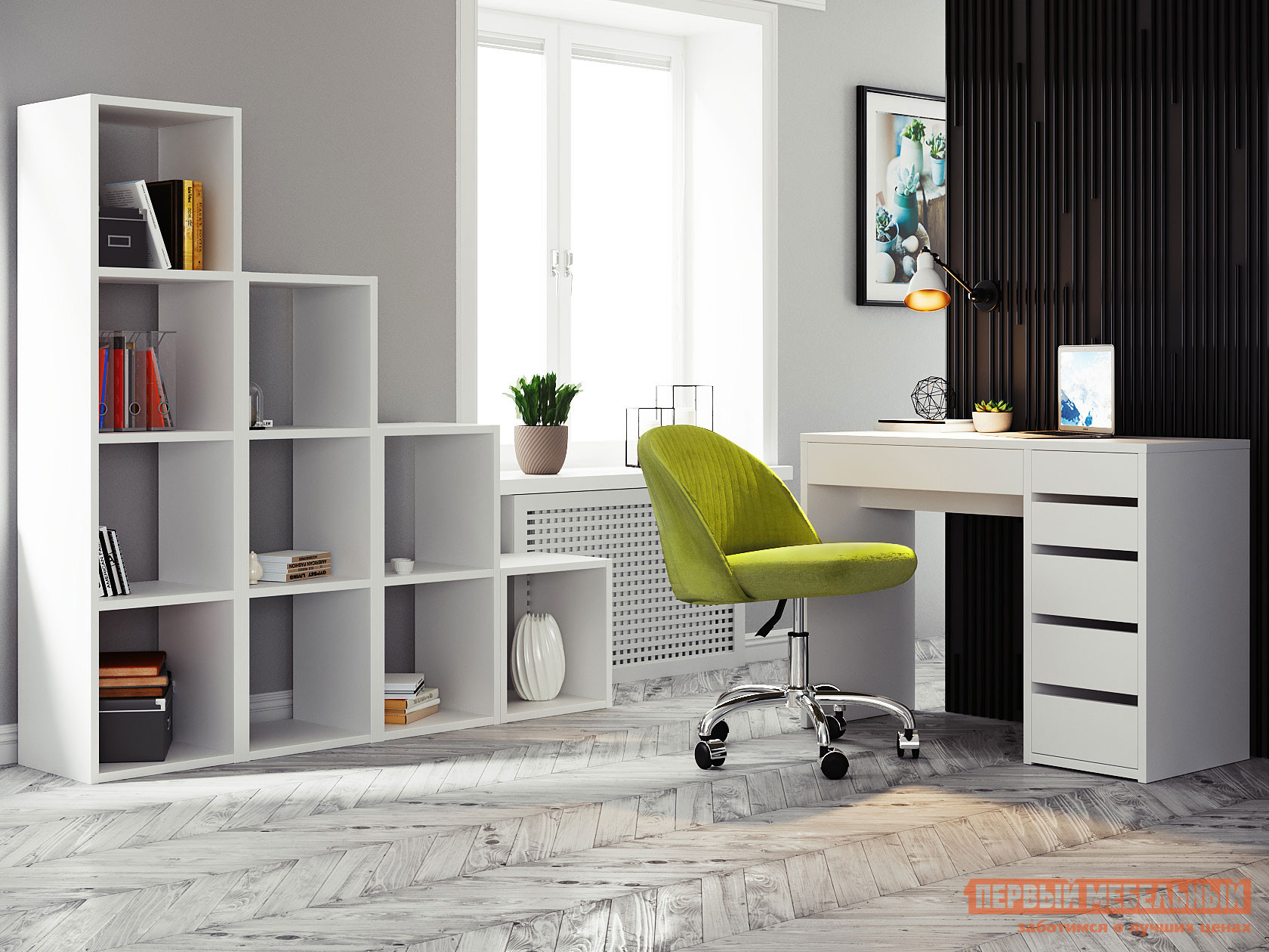 Комплект офисной мебели  Тайга 3 Правый, Оливковый, флок / Белый от Первый Мебельный