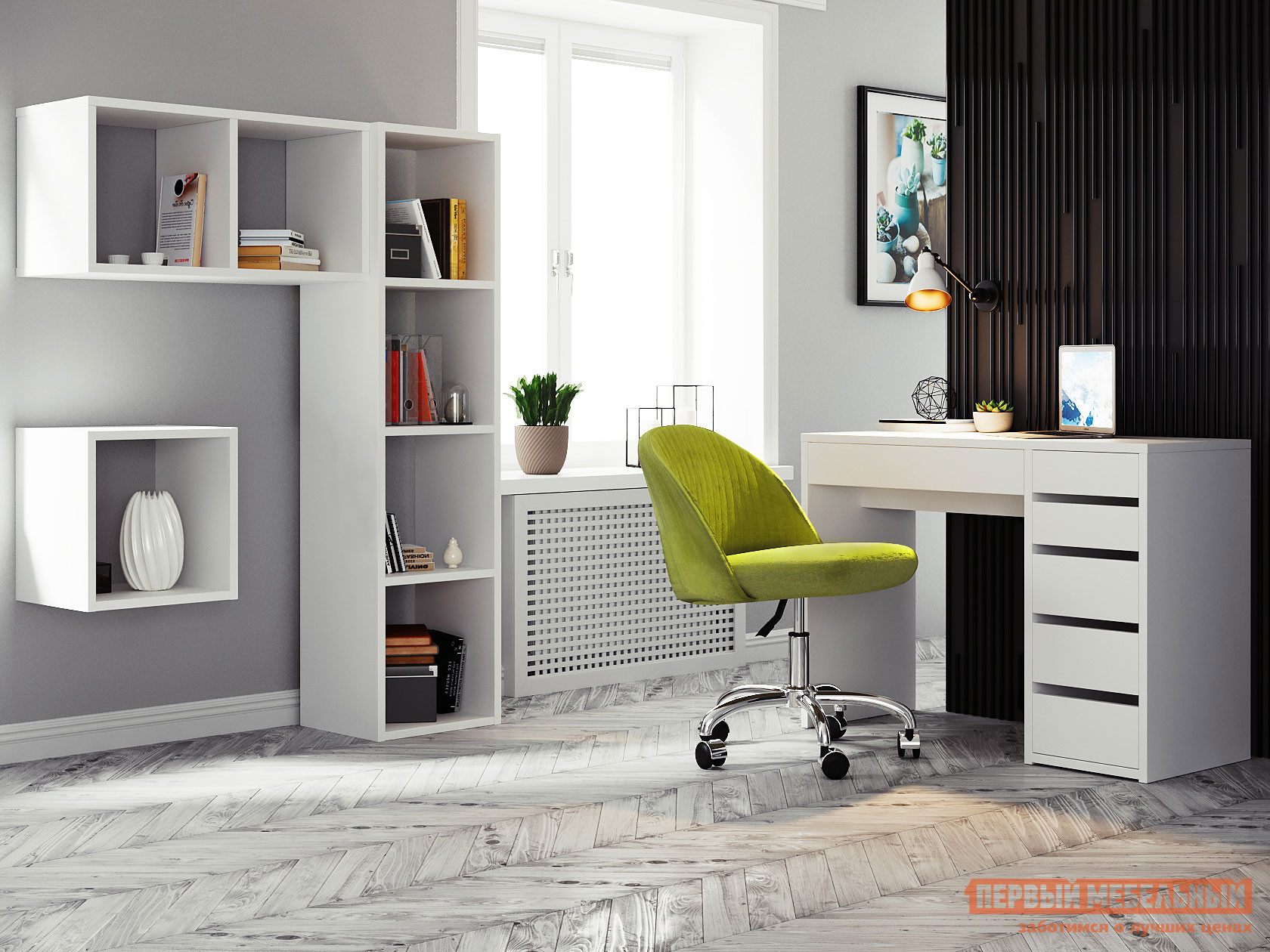 Комплект офисной мебели  Тайга 1 Правый, Оливковый, флок / Белый от Первый Мебельный