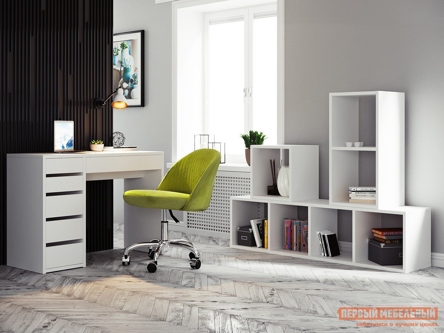 Комплект офисной мебели  Тайга 1 Левый, Оливковый, флок / Белый от Первый Мебельный