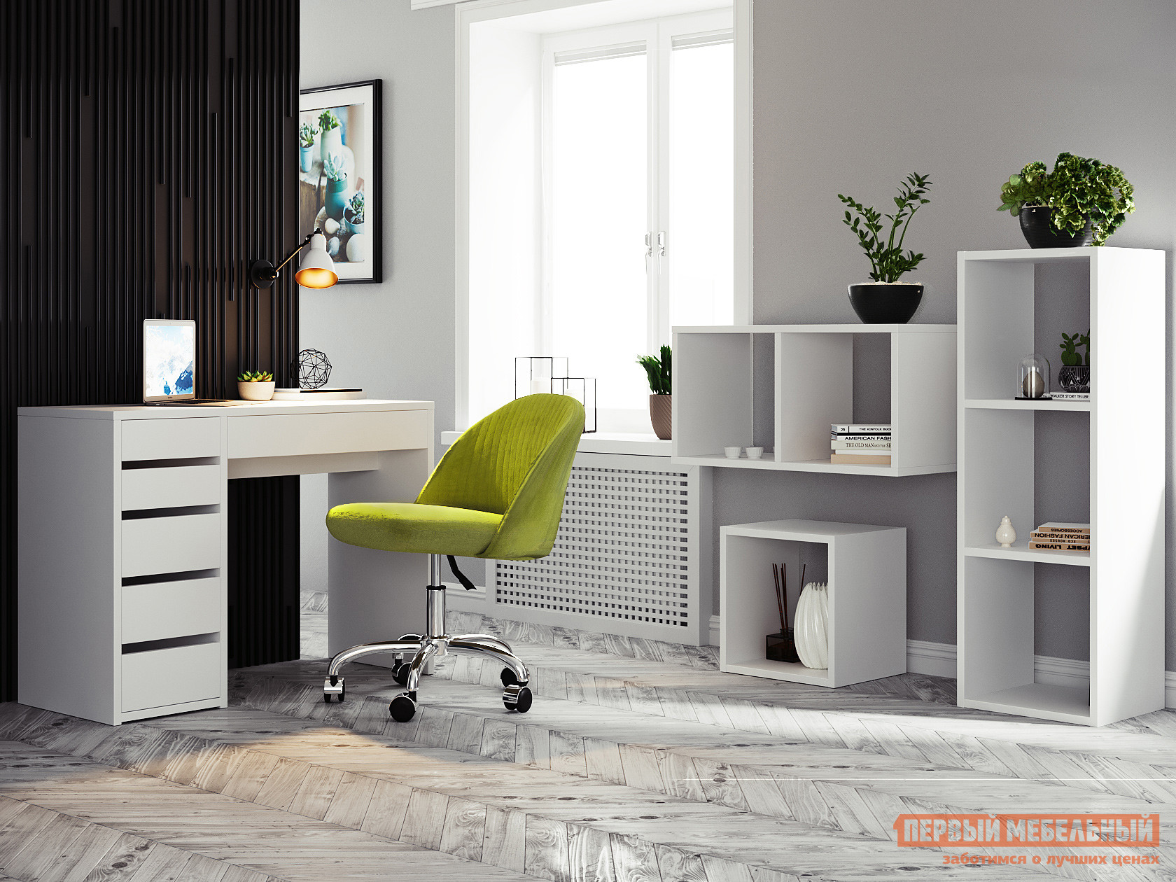 Комплект офисной мебели  Тайга 2 Левый, Оливковый, флок / Белый от Первый Мебельный