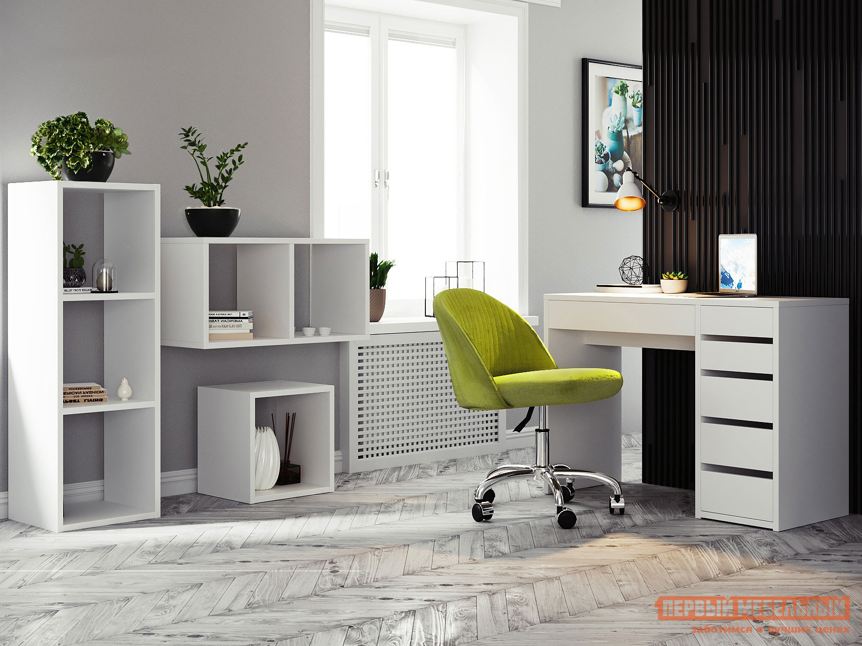 Комплект офисной мебели  Тайга 2 Правый, Оливковый, флок / Белый от Первый Мебельный