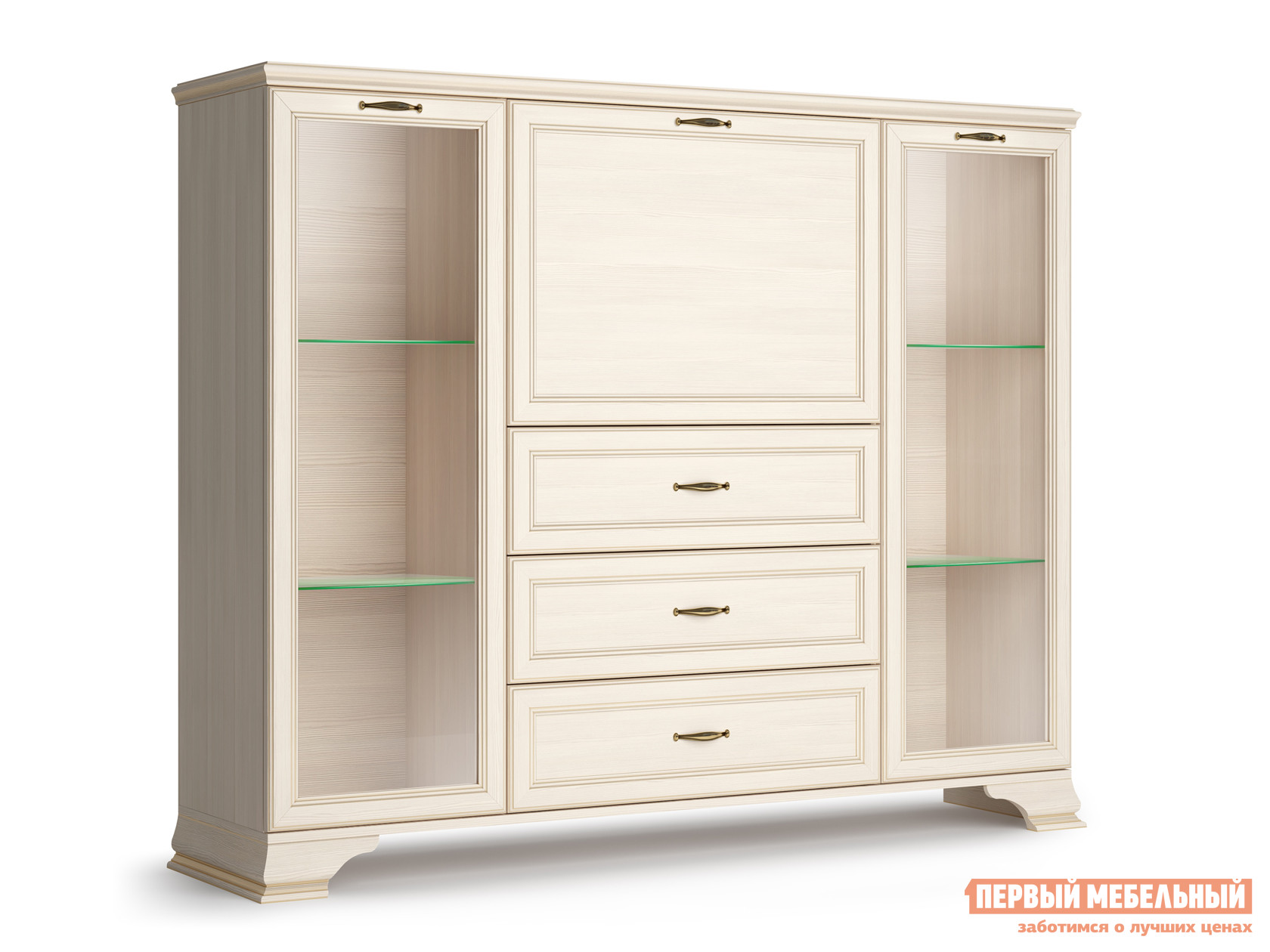 Шкаф-витрина  Сиена Бодега белый, патина золото, Со стеклополками