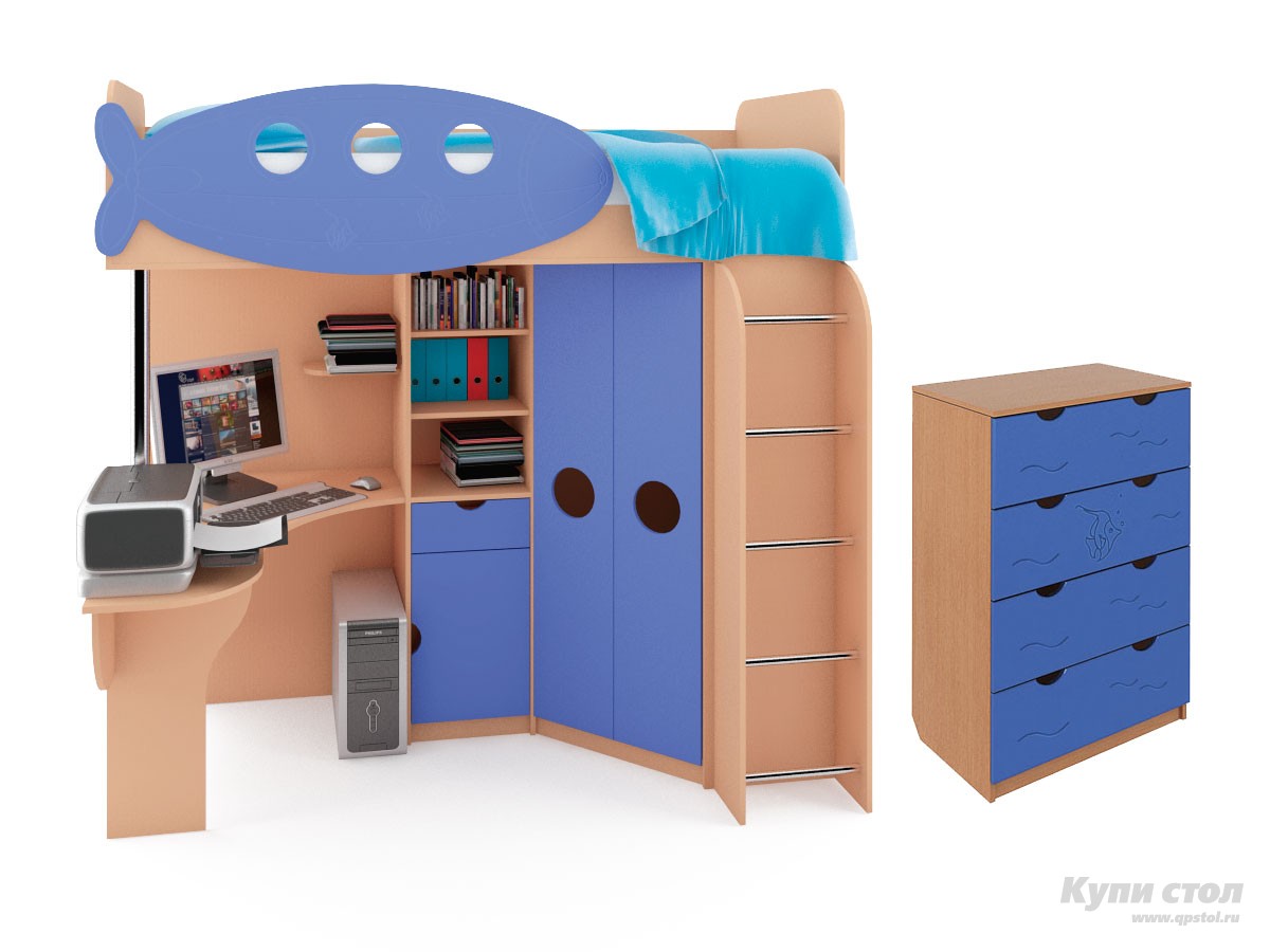 Кровать чердак синяя со столом и шкафом