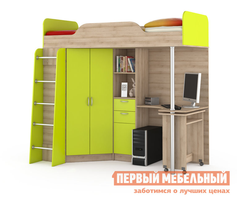 Кровать-чердак  Ника 427 Т Кровать-чердак со столом Бук песочный / Лайм Зеленый