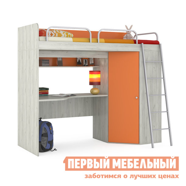 Фото Кровать-чердак MOBI Тетрис 1 345 кровать-чердак + Тетрис 1 353 столешница Дуб Белый CRAFT / Оранжевый, Без матраса. Купить с доставкой
