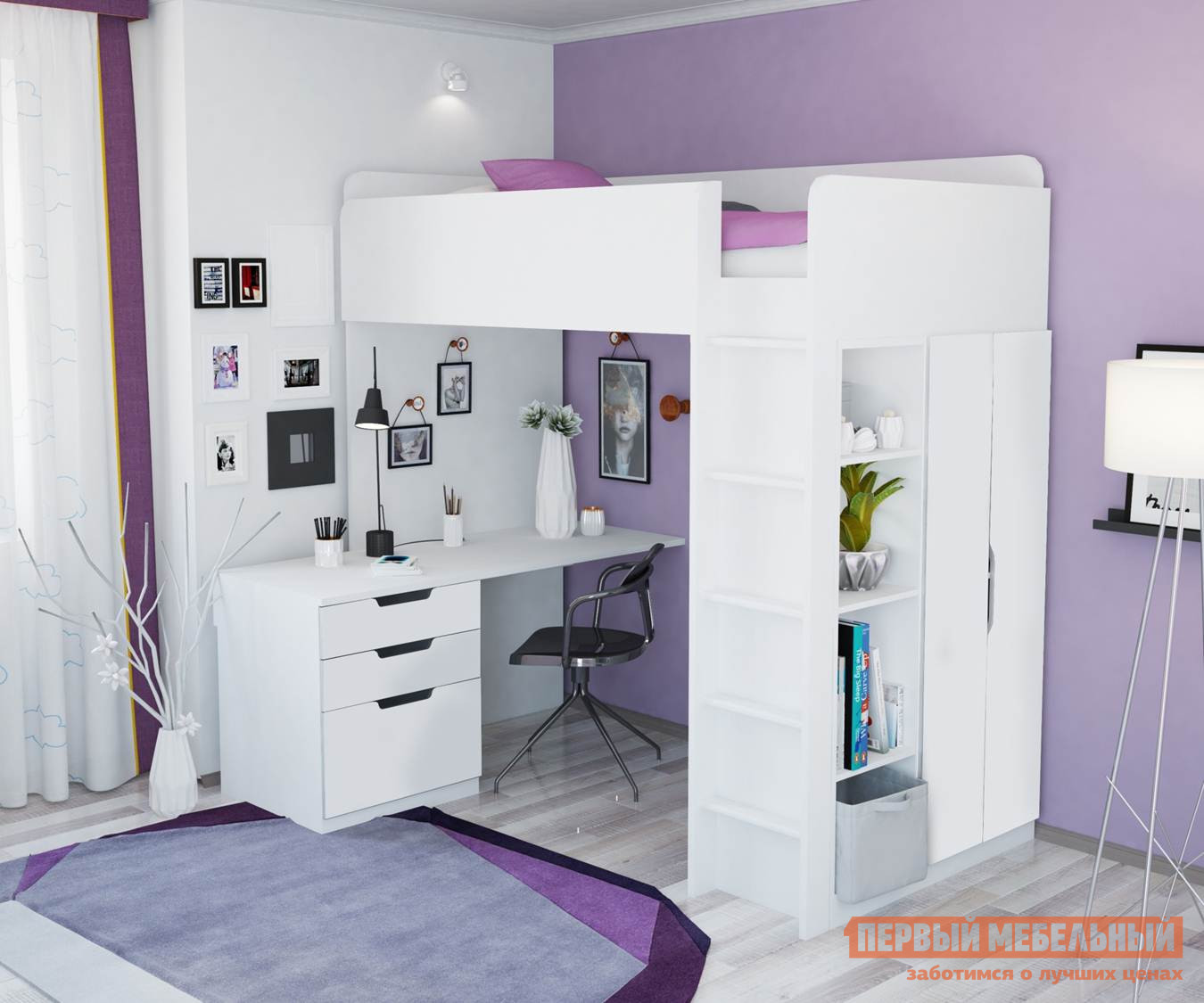 Кровать-чердак ВПК Кровать-чердак Polini kids Simple с письменным столом и шкафом (МДФ)