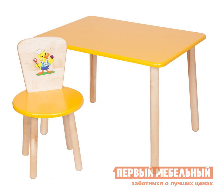 Фото Столик и стульчик РусЭкоМебель Набор №1: Стол Большой 70*50 ЭКО+Стул Круглый ЭКО Эко желтый, рис. Утенок. Купить с доставкой